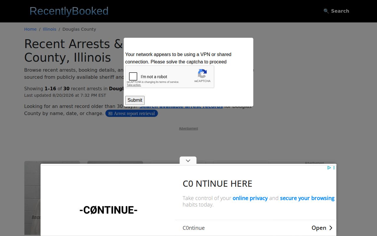 RecentlyBooked Douglas County recent-arrests page as an unofficial source